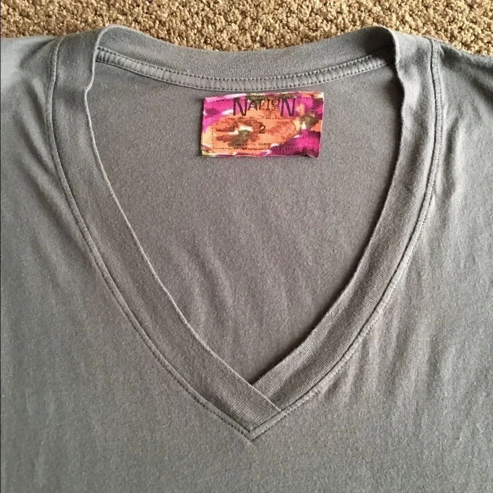 Nation V Neck Grey Basic T-Shirt - Picture 2 of 4